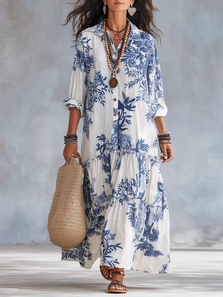 DAHLIA | BOHEMIAN BLUE FLORAL BUTTON-DOWN TIERED MAXI DRESS