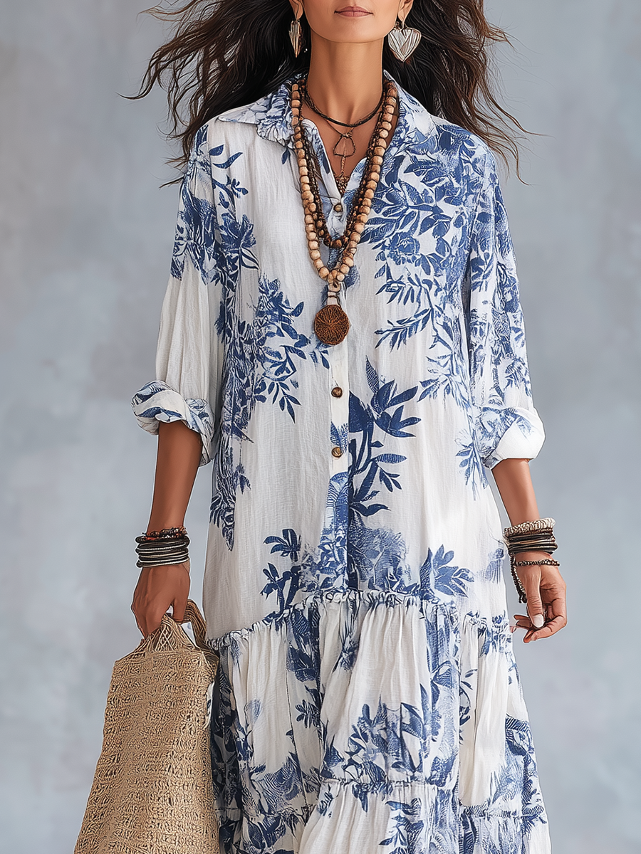 DAHLIA | BOHEMIAN BLUE FLORAL BUTTON-DOWN TIERED MAXI DRESS