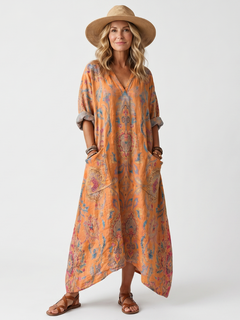 REMI | NOTCH NECK PRINTED OVERSIZED POCKET MIDI DRESS