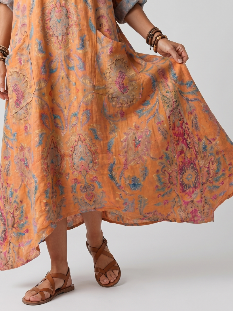 REMI | NOTCH NECK PRINTED OVERSIZED POCKET MIDI DRESS