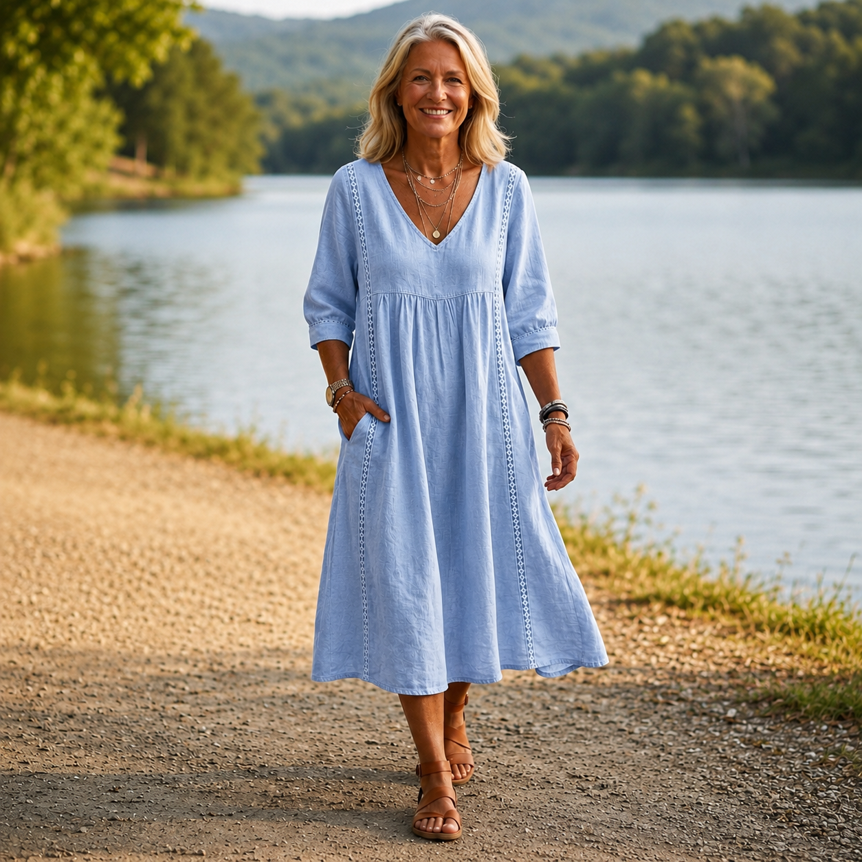 CARMEN | ELEGANT LEIGHTWEIGHT MAXI DRESS WITH RUCHED 3/4 SLEEVES