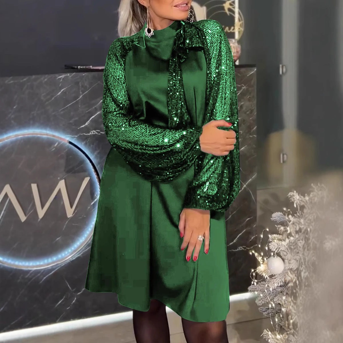 Federica - Elegant Black Dress with Sheer Shiny Sleeves