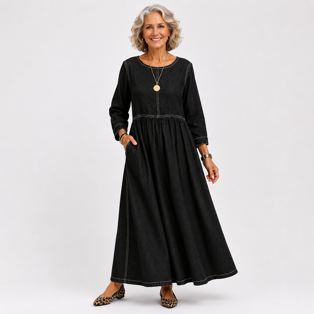 CECE | ELEGANT ROUND NECK LONG SLEEVE DENIM DRESS