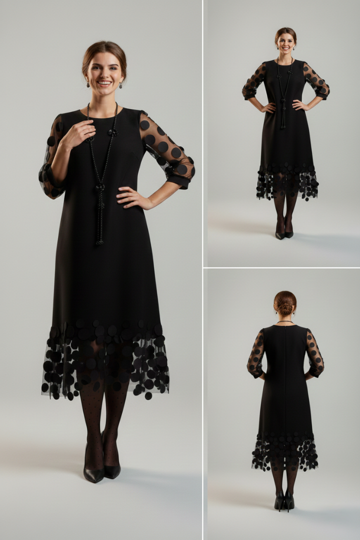 Beatrice - Fluid Black Dress with Polka Dot Tulle Details