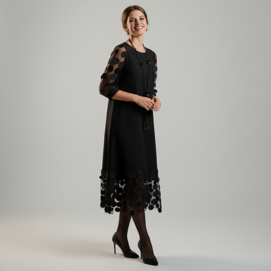 Beatrice - Fluid Black Dress with Polka Dot Tulle Details