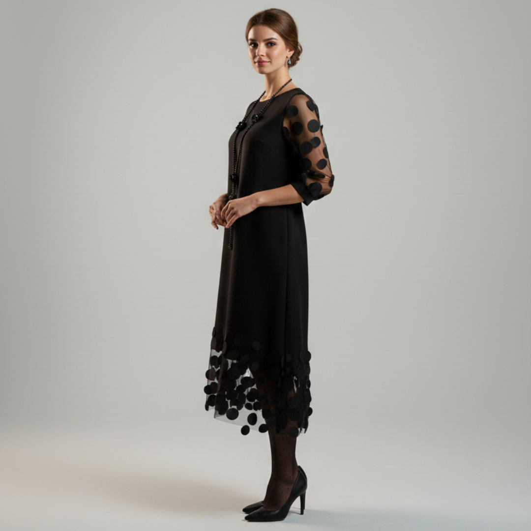 Beatrice - Fluid Black Dress with Polka Dot Tulle Details