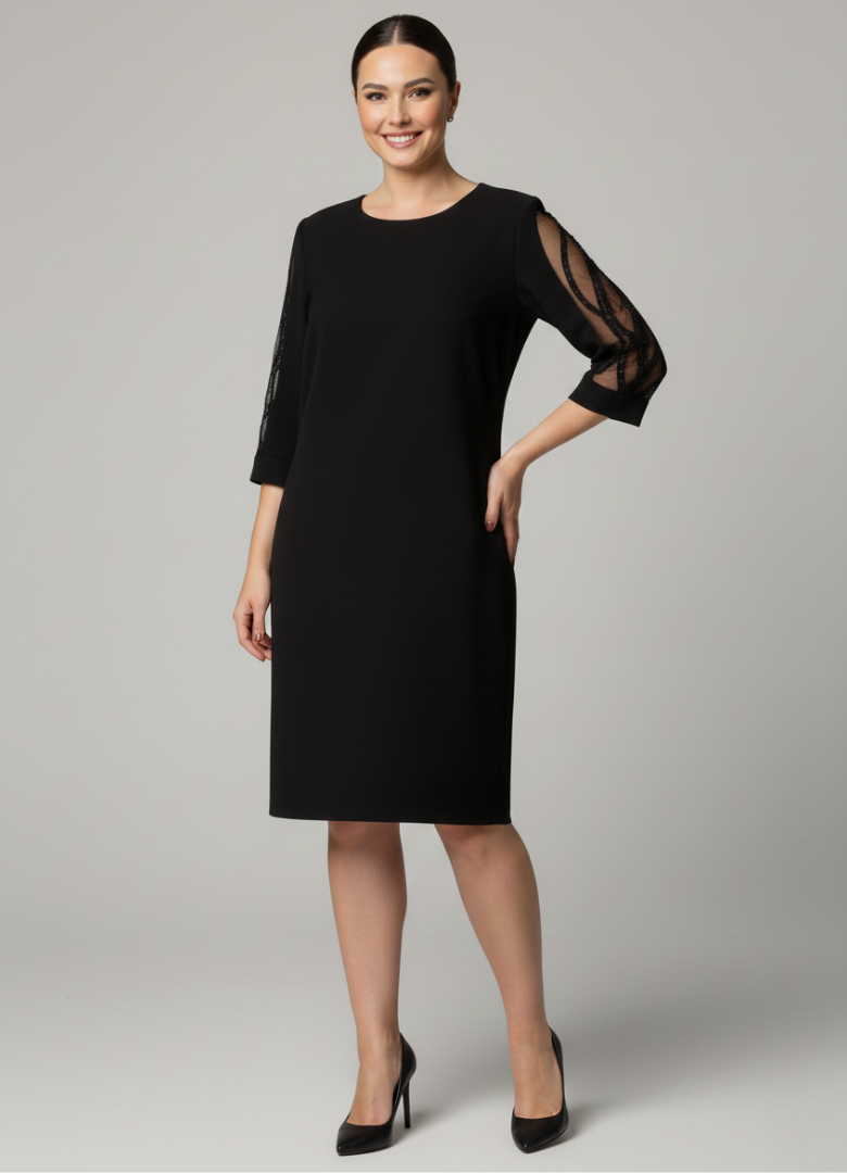 Valentina - Classic Black Dress with Sheer Embroidered Sleeves