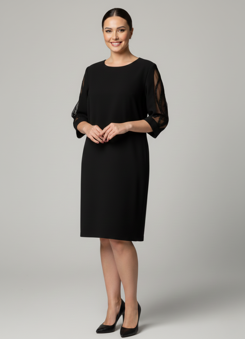 Valentina - Classic Black Dress with Sheer Embroidered Sleeves