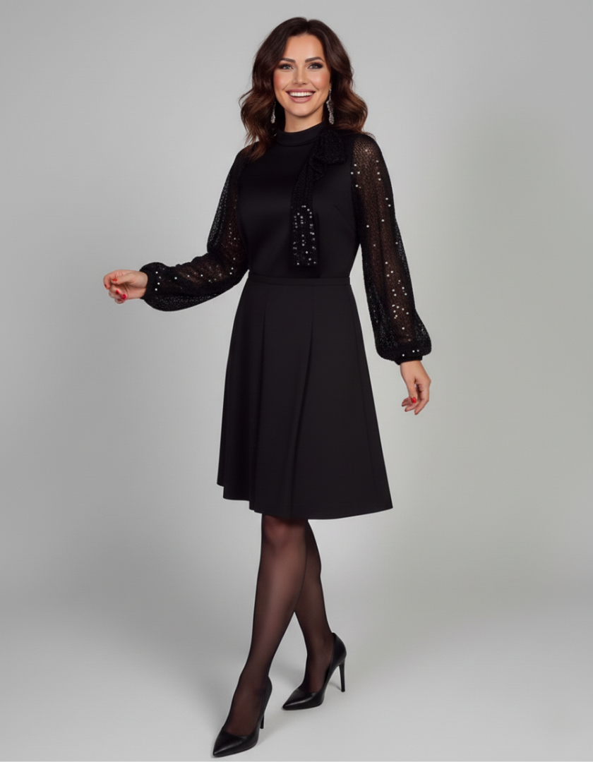 Federica - Elegant Black Dress with Sheer Shiny Sleeves