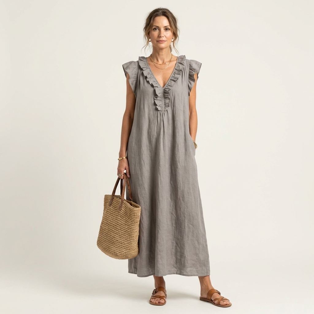 JOSETTE | RUFFLE V-NECK LINEN MAXI DRESS