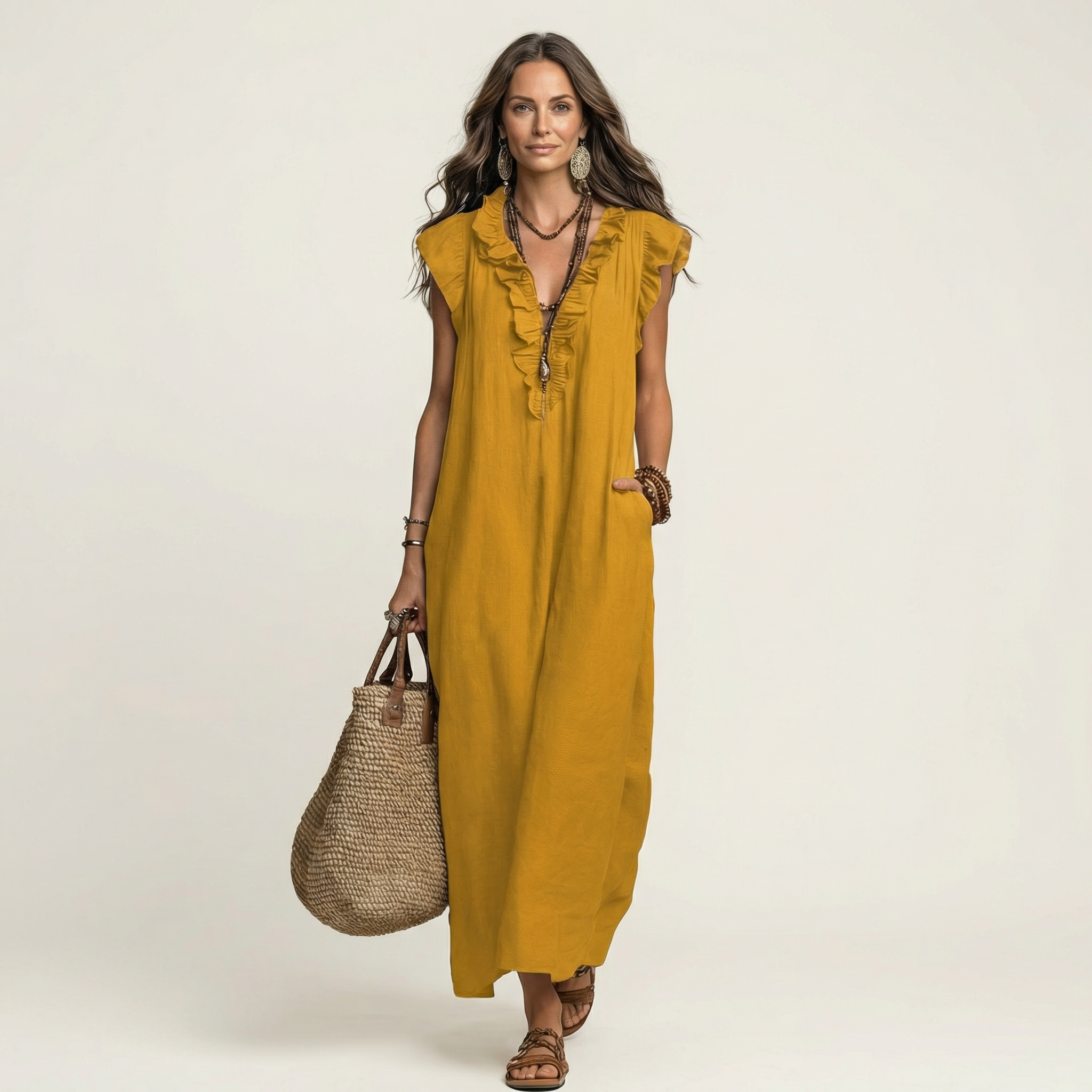 JOSETTE | RUFFLE V-NECK LINEN MAXI DRESS