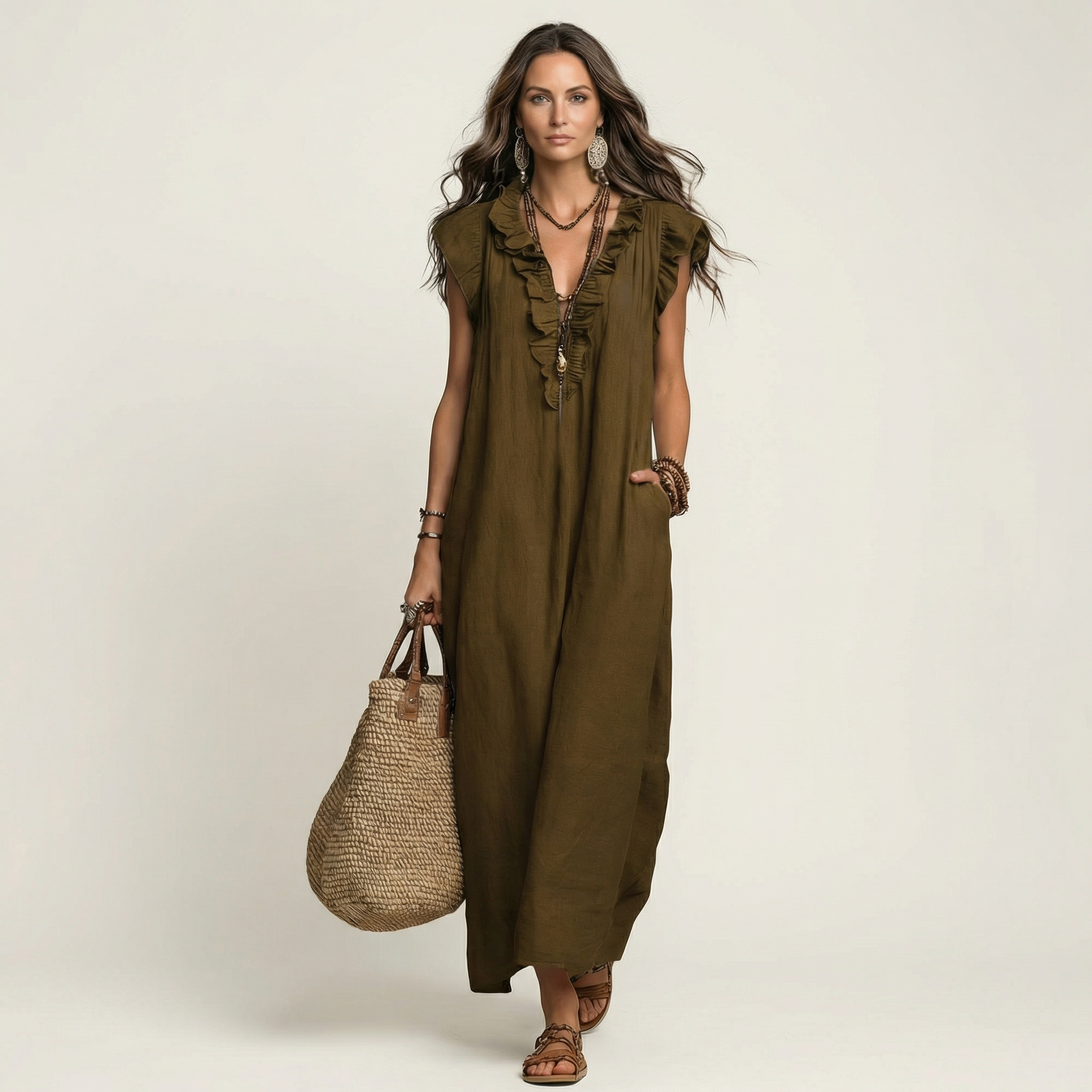 JOSETTE | RUFFLE V-NECK LINEN MAXI DRESS