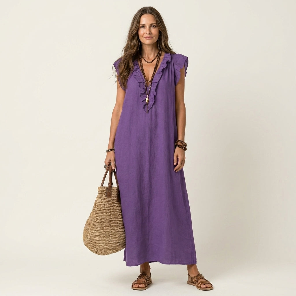 JOSETTE | RUFFLE V-NECK LINEN MAXI DRESS