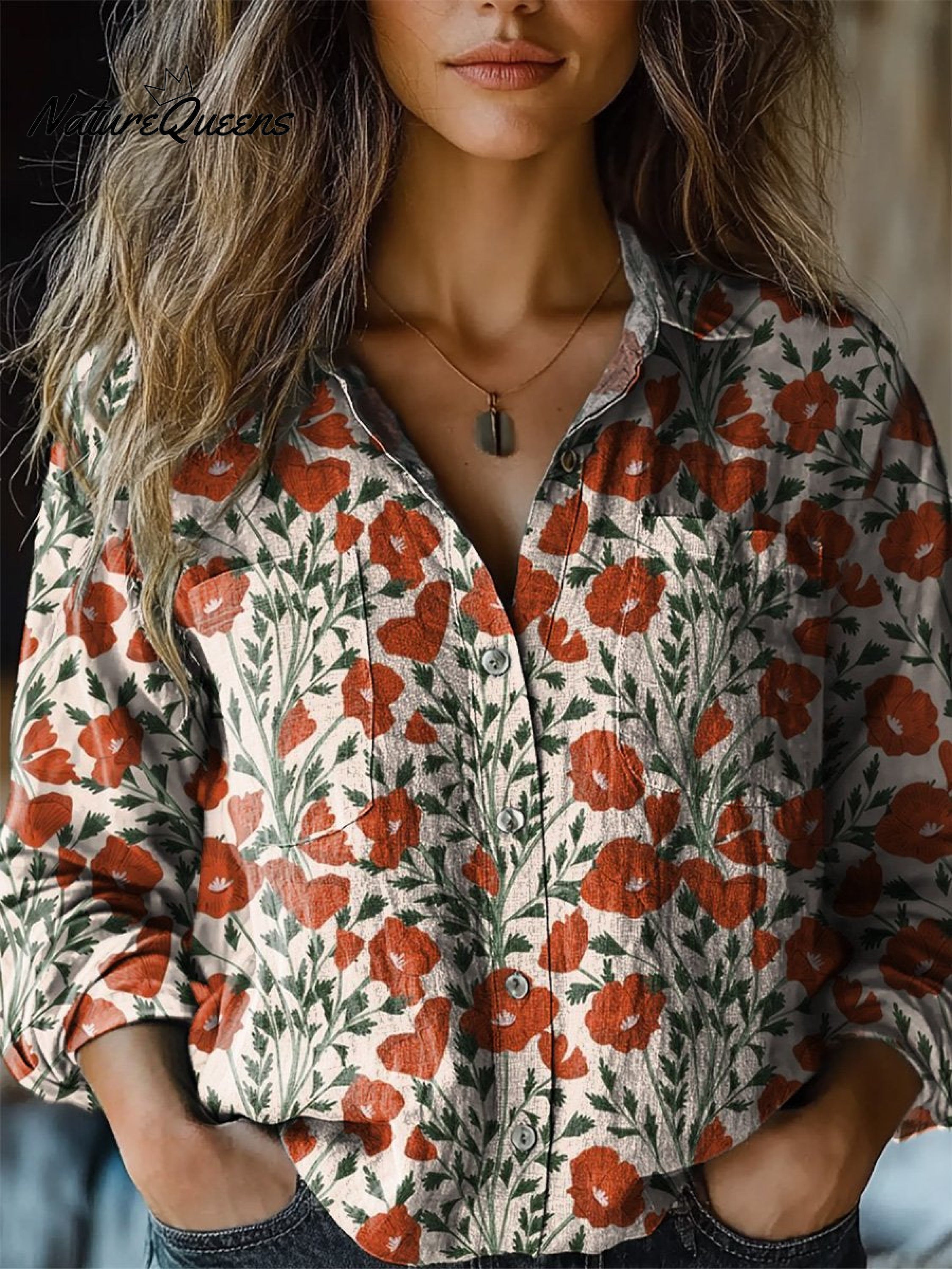 Martha | Summer Poppy Floral Pattern Printed Women's Casual Long Sleeve Comfortable Cotton Shirt