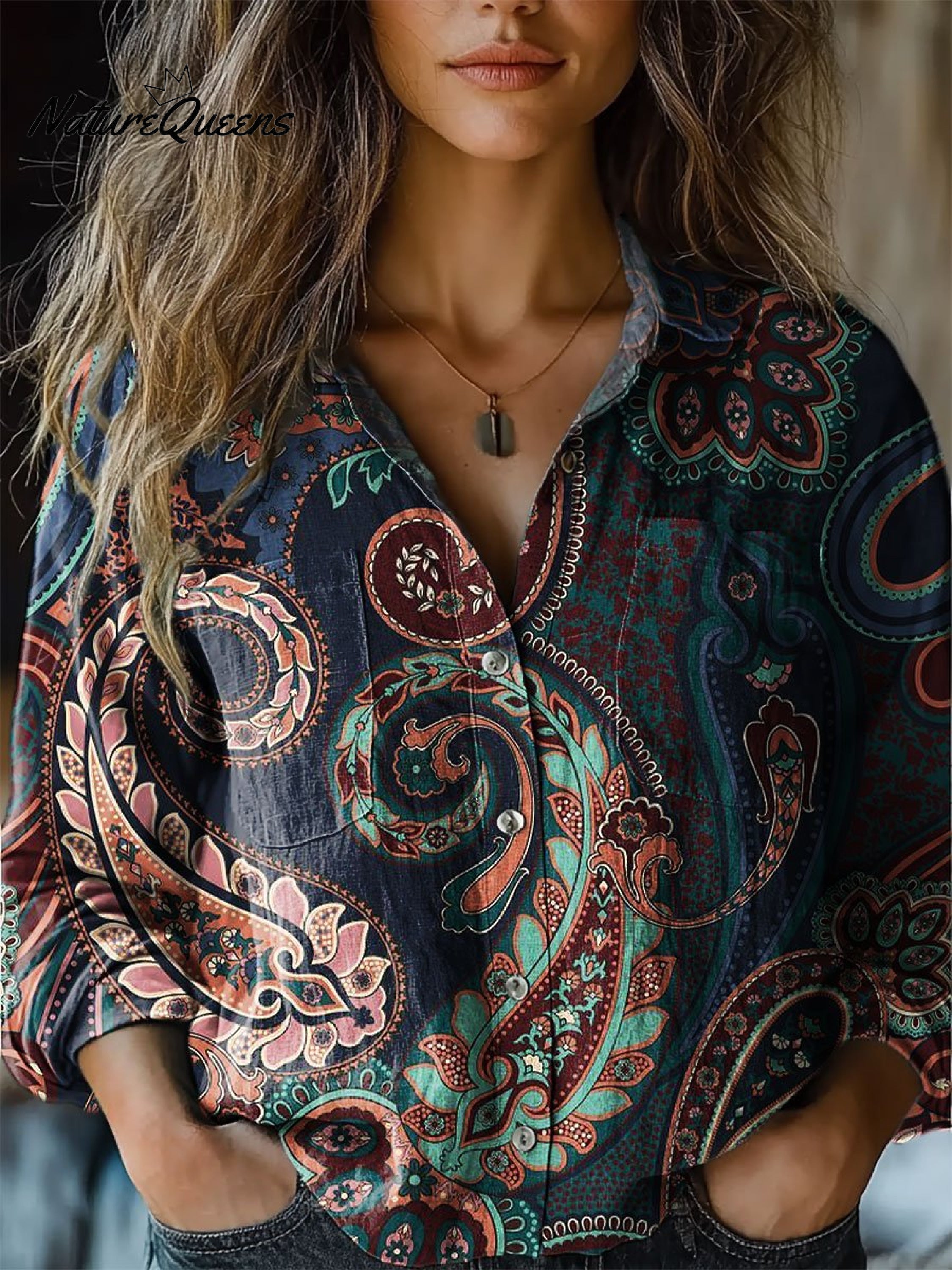 Janice | Women's Paisley Colorful Art Print Casual Long Sleeve Comfortable Cotton Shirt