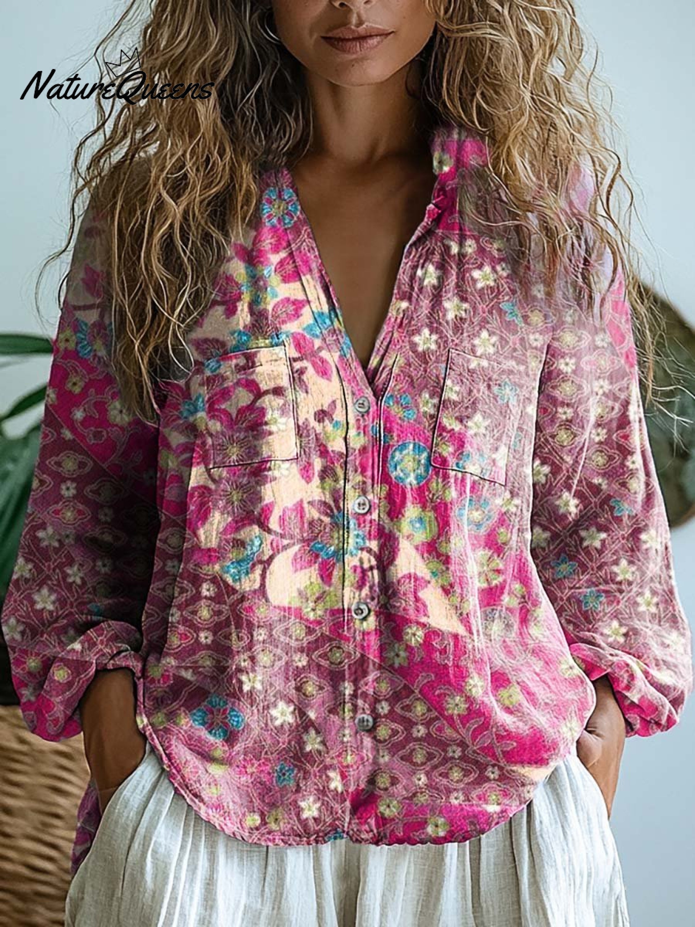 Joyce | Women's Vintage Floral Art Print Casual Long Sleeve Comfortable Cotton Shirt