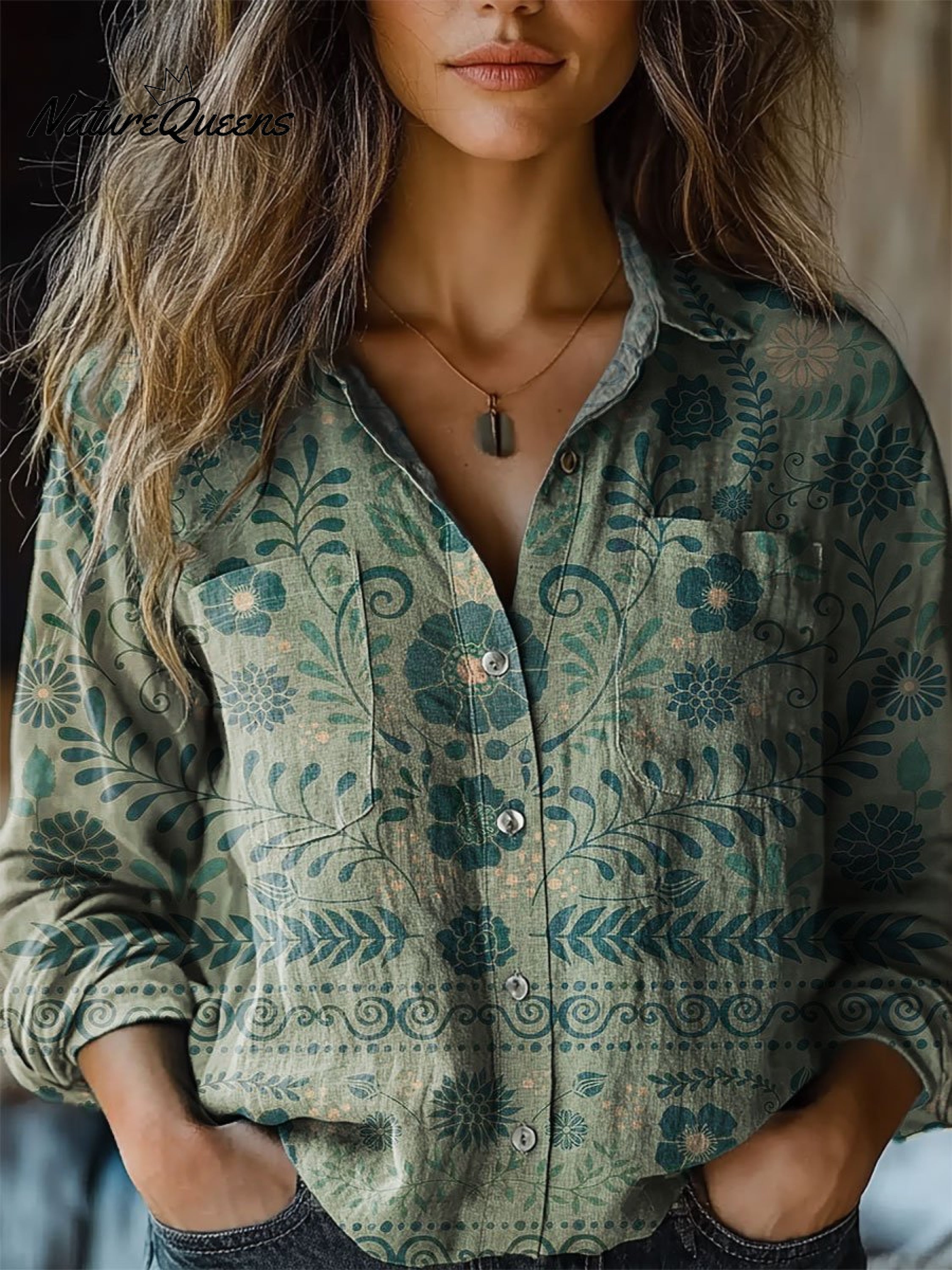 Emilia | Women's Retro Flowers Print Casual Long Sleeve Comfortable Cotton Shirt