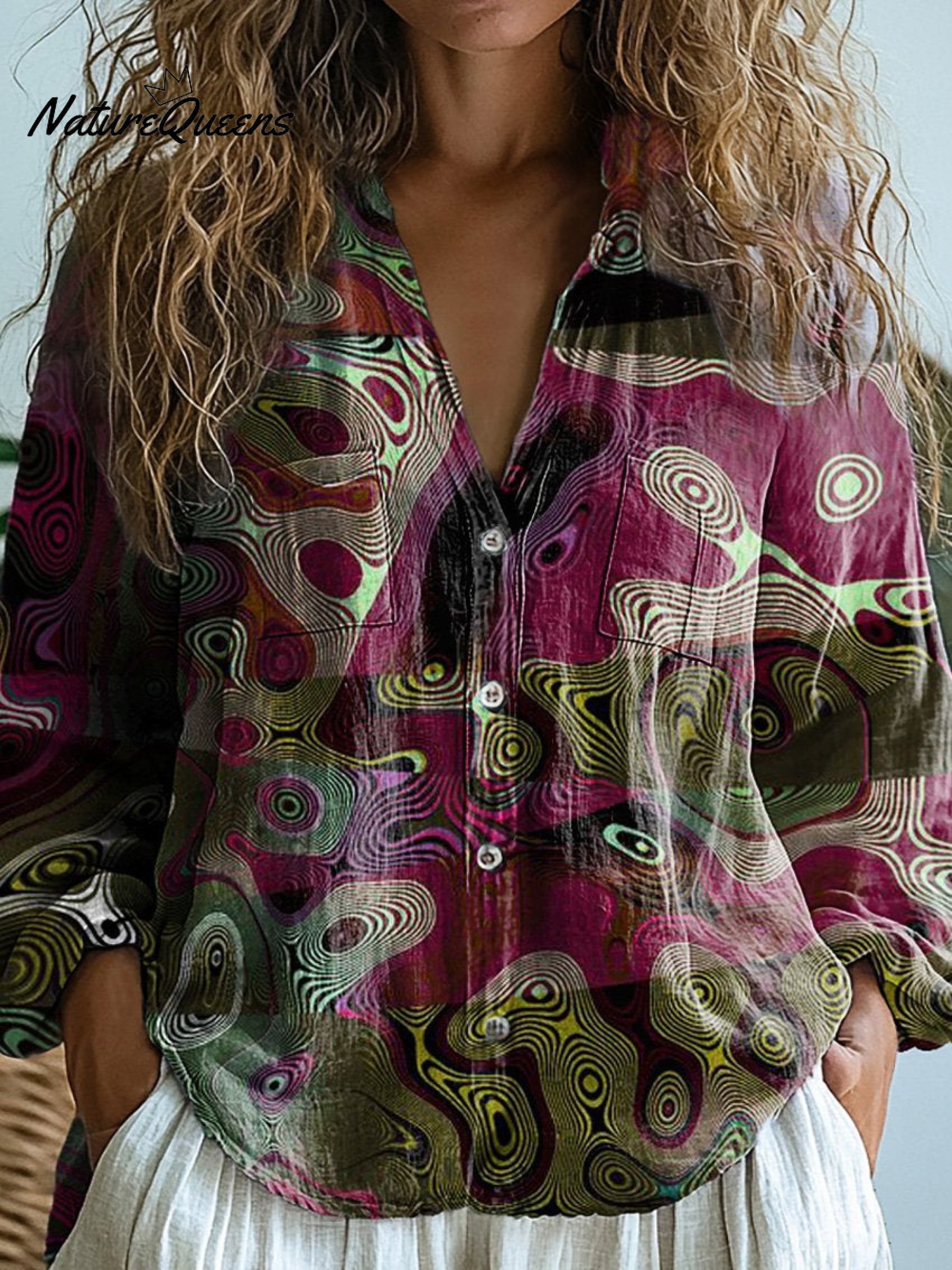 Cheryl | Abstract Shape And Line Pattern Printed Women's Casual Long Sleeve Comfortable Cotton Shirt