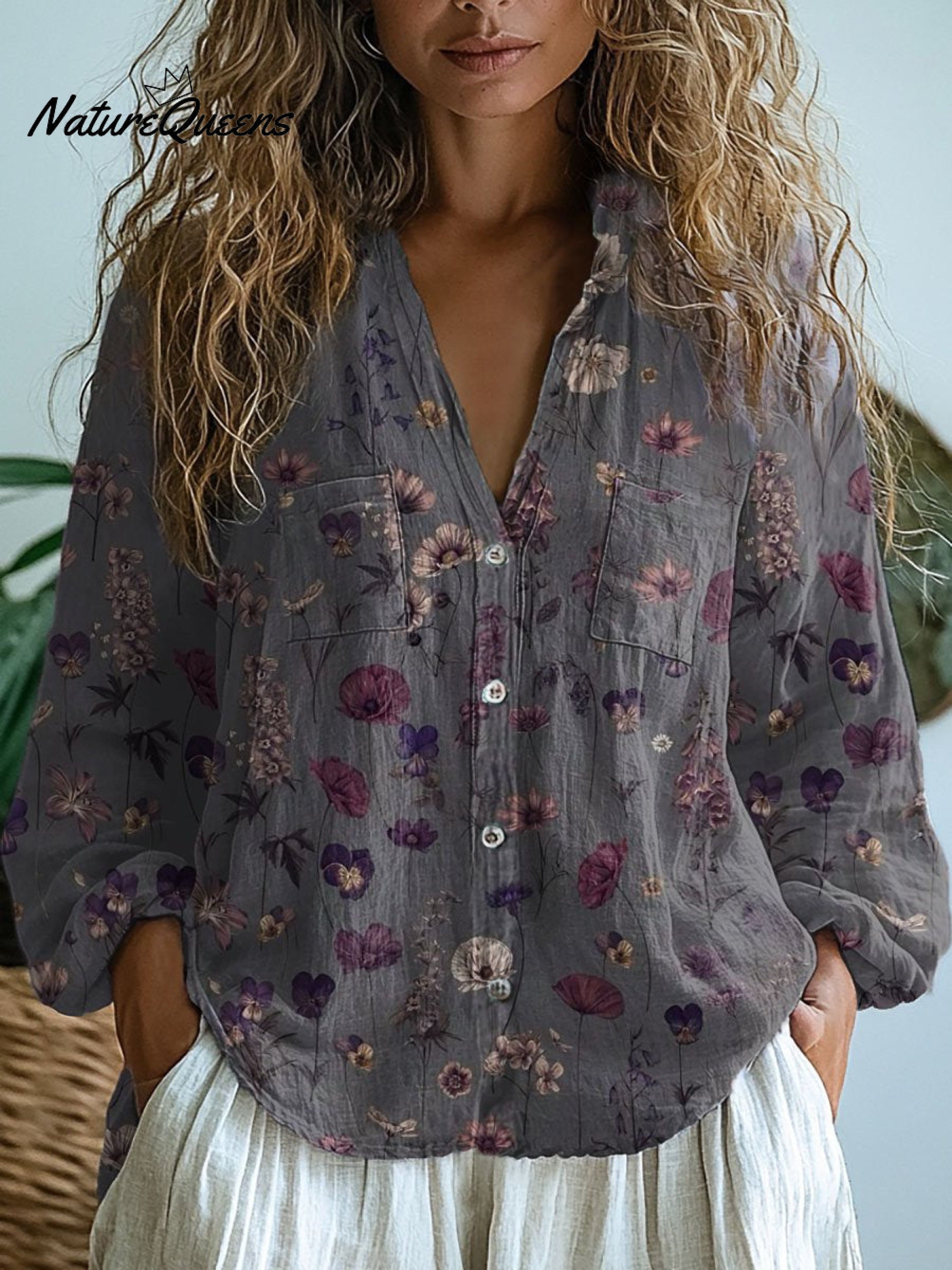 Carol | Women's Retro Floral Art Print Casual Long Sleeve Comfortable Cotton Shirt