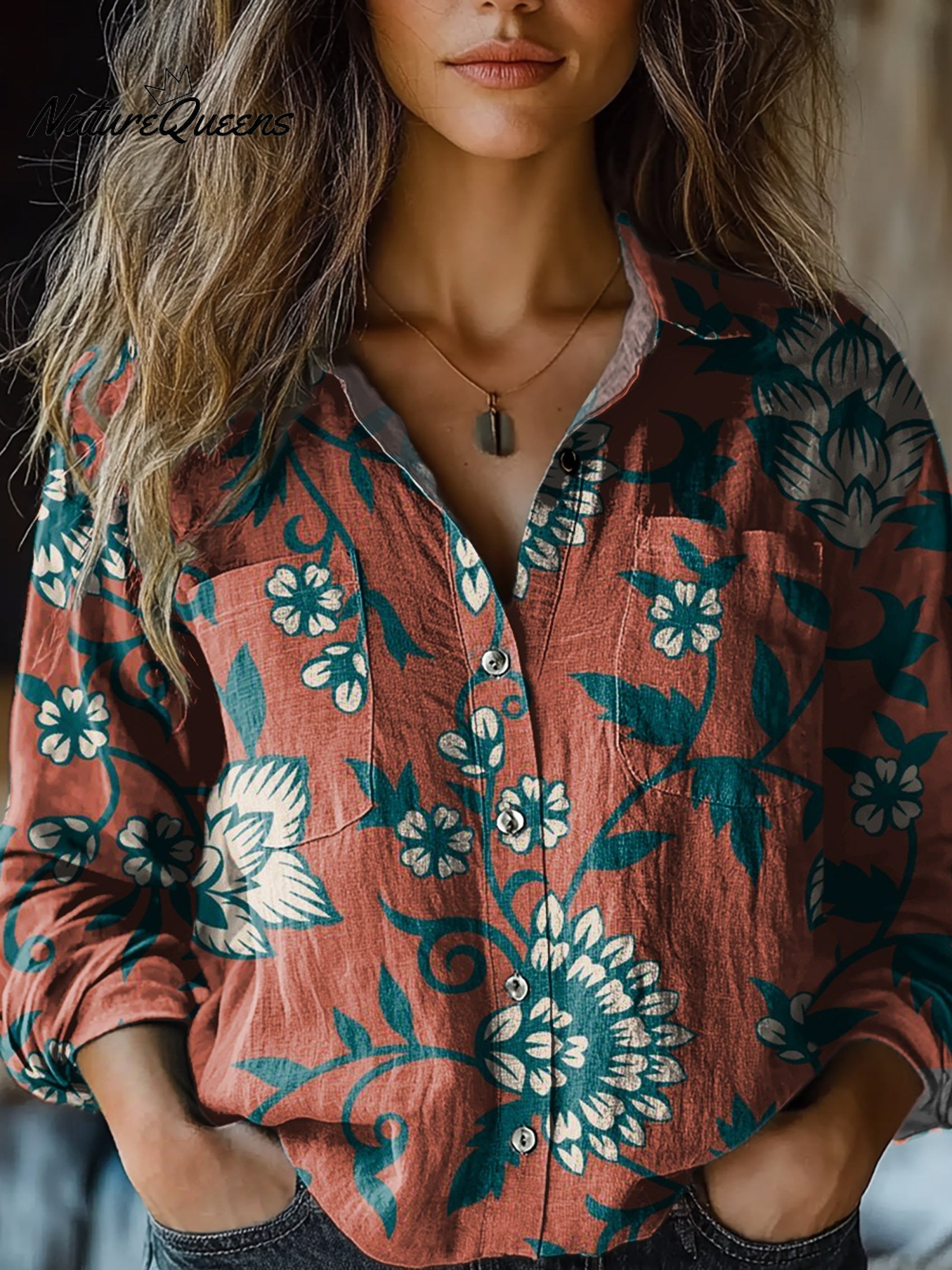 Judith | Women's Retro Red Flowers Print Casual Long Sleeve Comfortable Cotton Shirt
