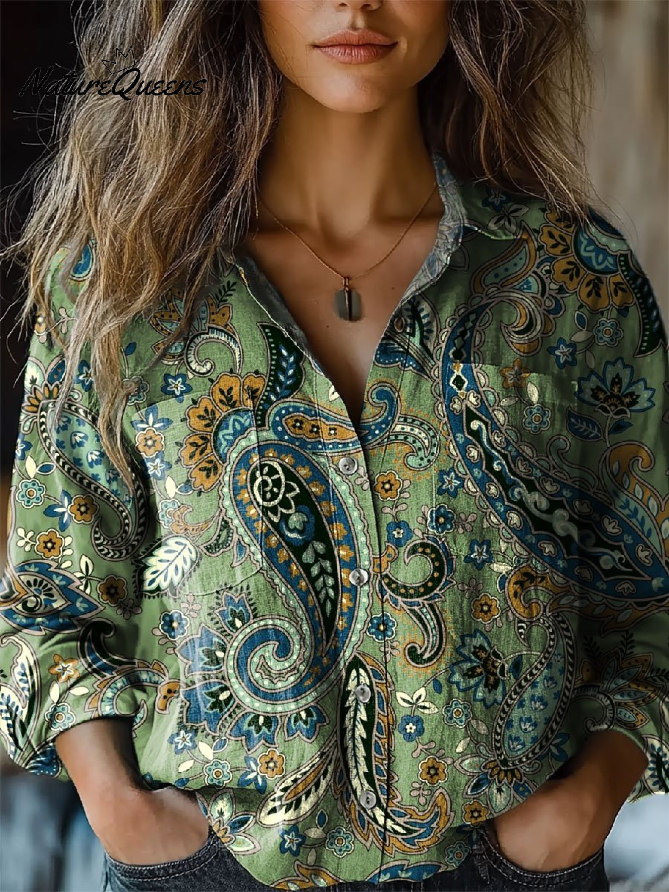Melissa | Women's Paisley Pattern Art Print Casual Long Sleeve Comfortable Cotton Shirt