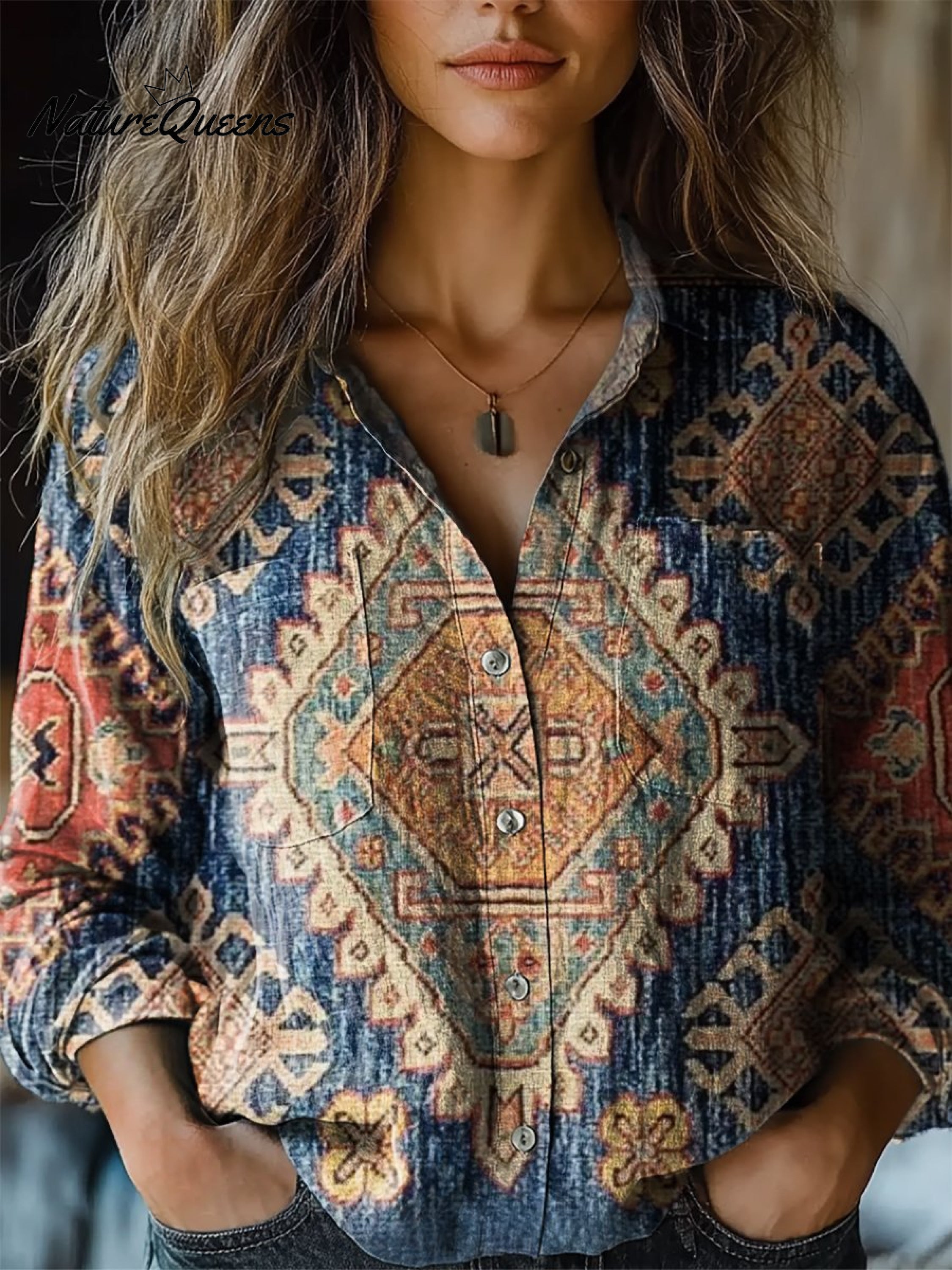 Carolyn | Vintage Floral Art Print Casual Long Sleeve Cotton Shirt