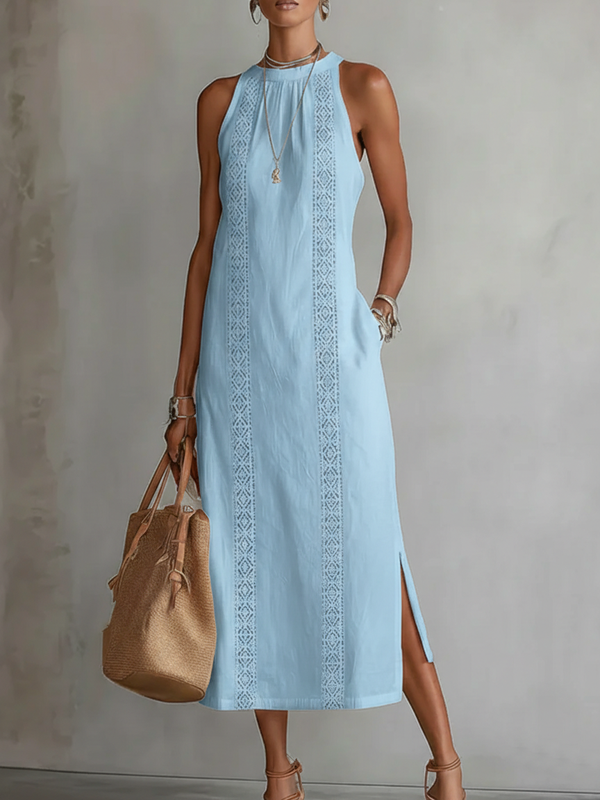 JIMENA | RELAXED EMBROIDERED MANDARIN COLLAR MIDI DRESS