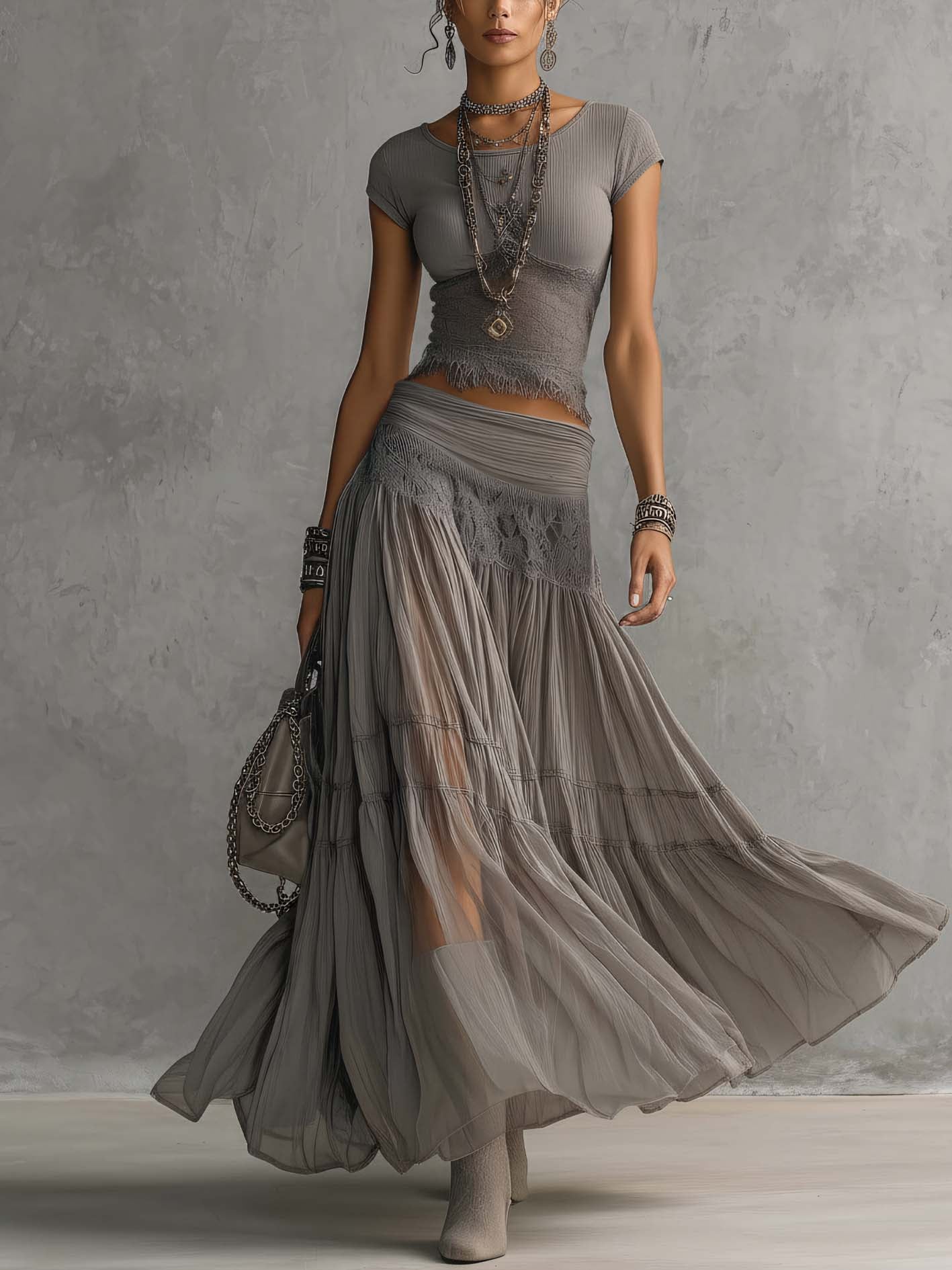 ELENA LACE-PANELED TOP AND PLEATED MAXI SKIRT SET