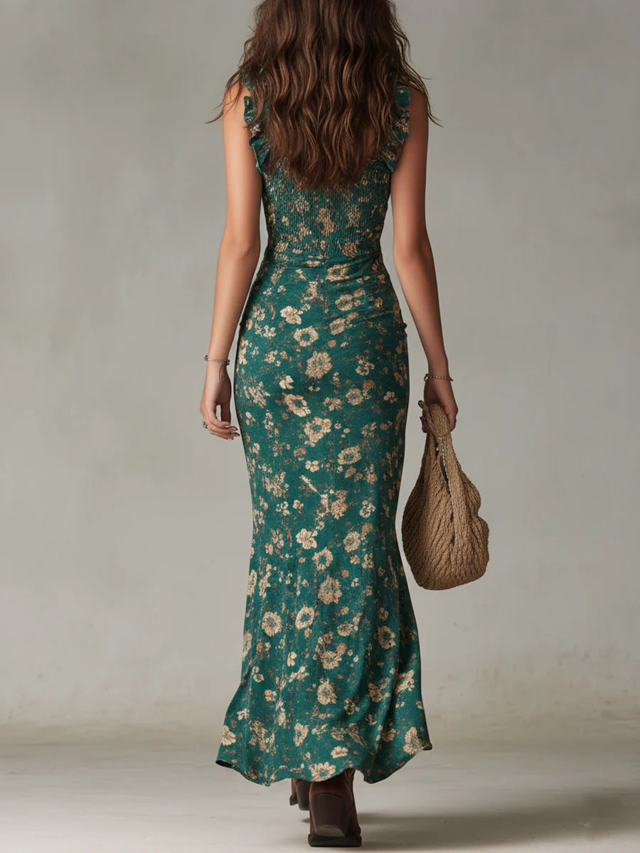 BOHEMIAN GREEN PRINTED MAXI DRESS WITH RUFFLED SLEEVES