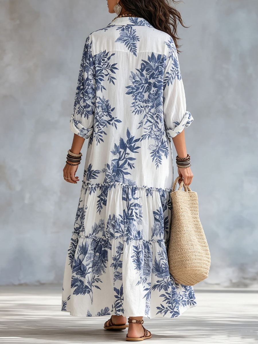DAHLIA | BOHEMIAN BLUE FLORAL BUTTON-DOWN TIERED MAXI DRESS