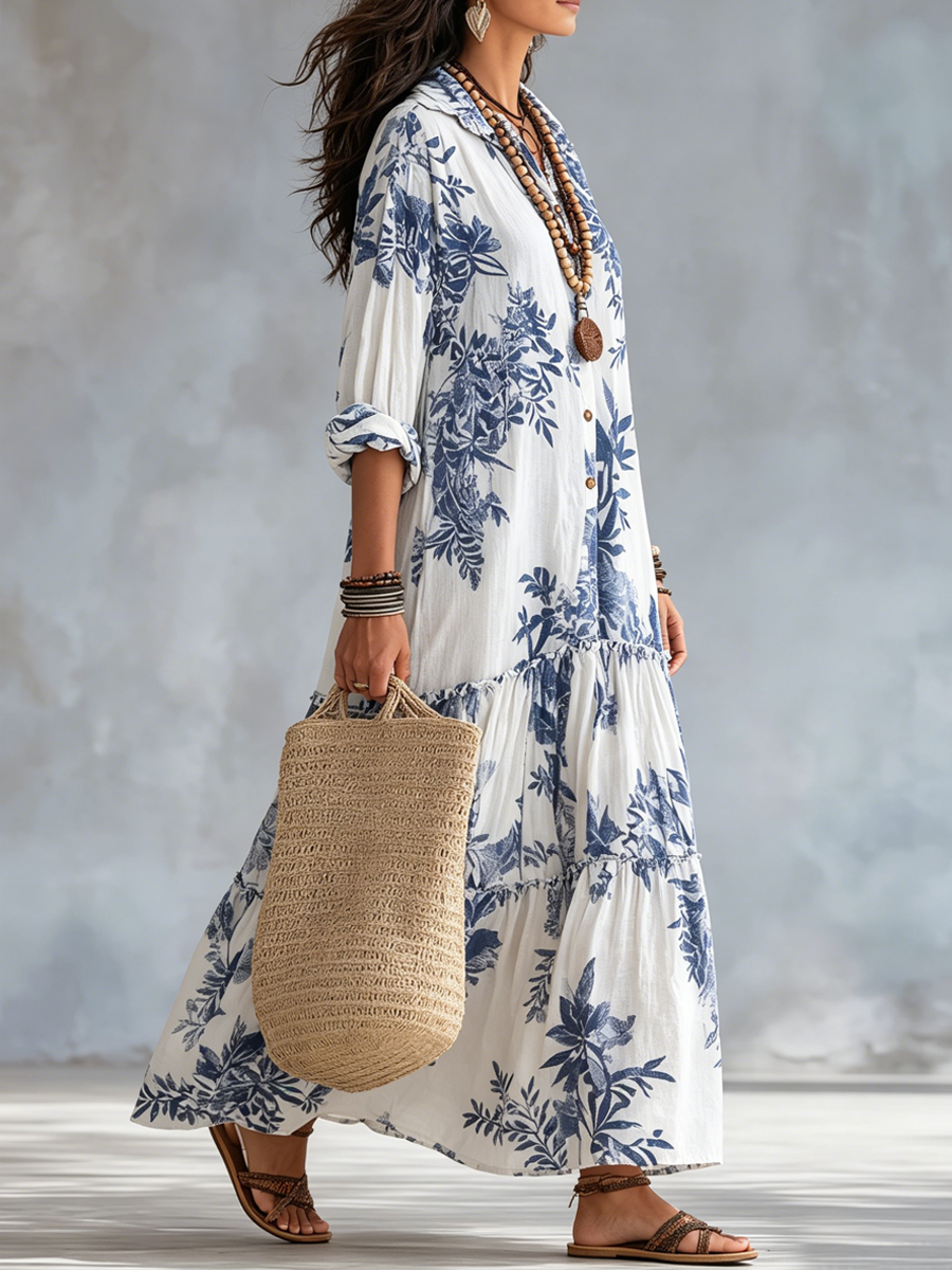 DAHLIA | BOHEMIAN BLUE FLORAL BUTTON-DOWN TIERED MAXI DRESS
