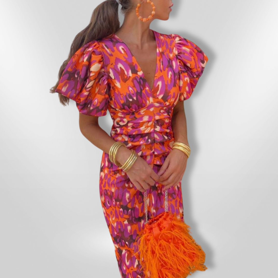 Oranit™ | Pleated Sleeve Colourful Dress