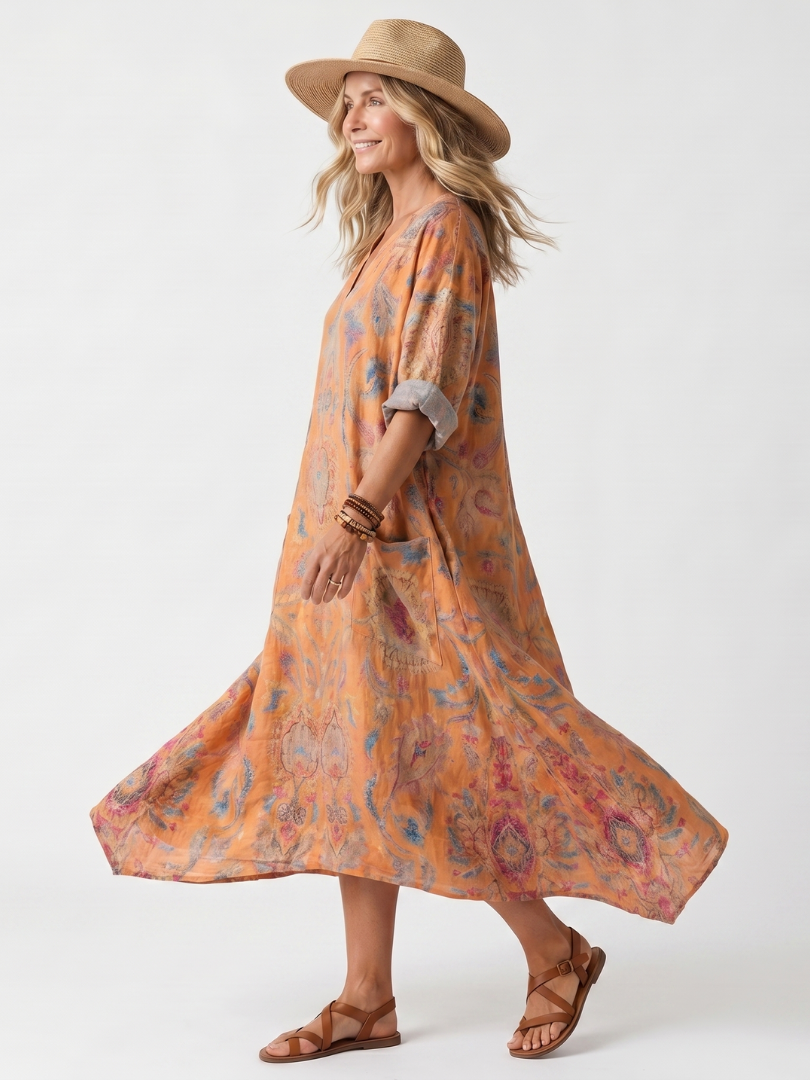 REMI | NOTCH NECK PRINTED OVERSIZED POCKET MIDI DRESS