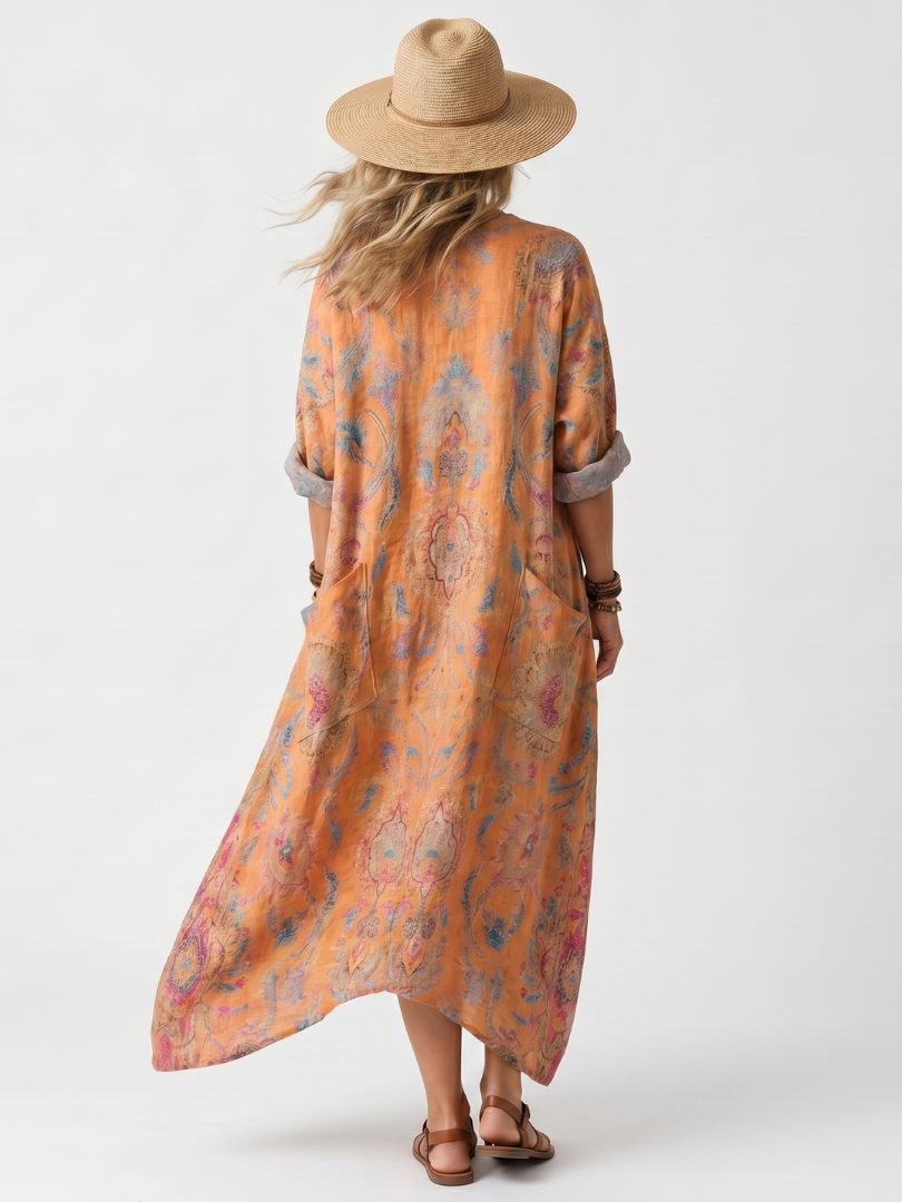 REMI | NOTCH NECK PRINTED OVERSIZED POCKET MIDI DRESS