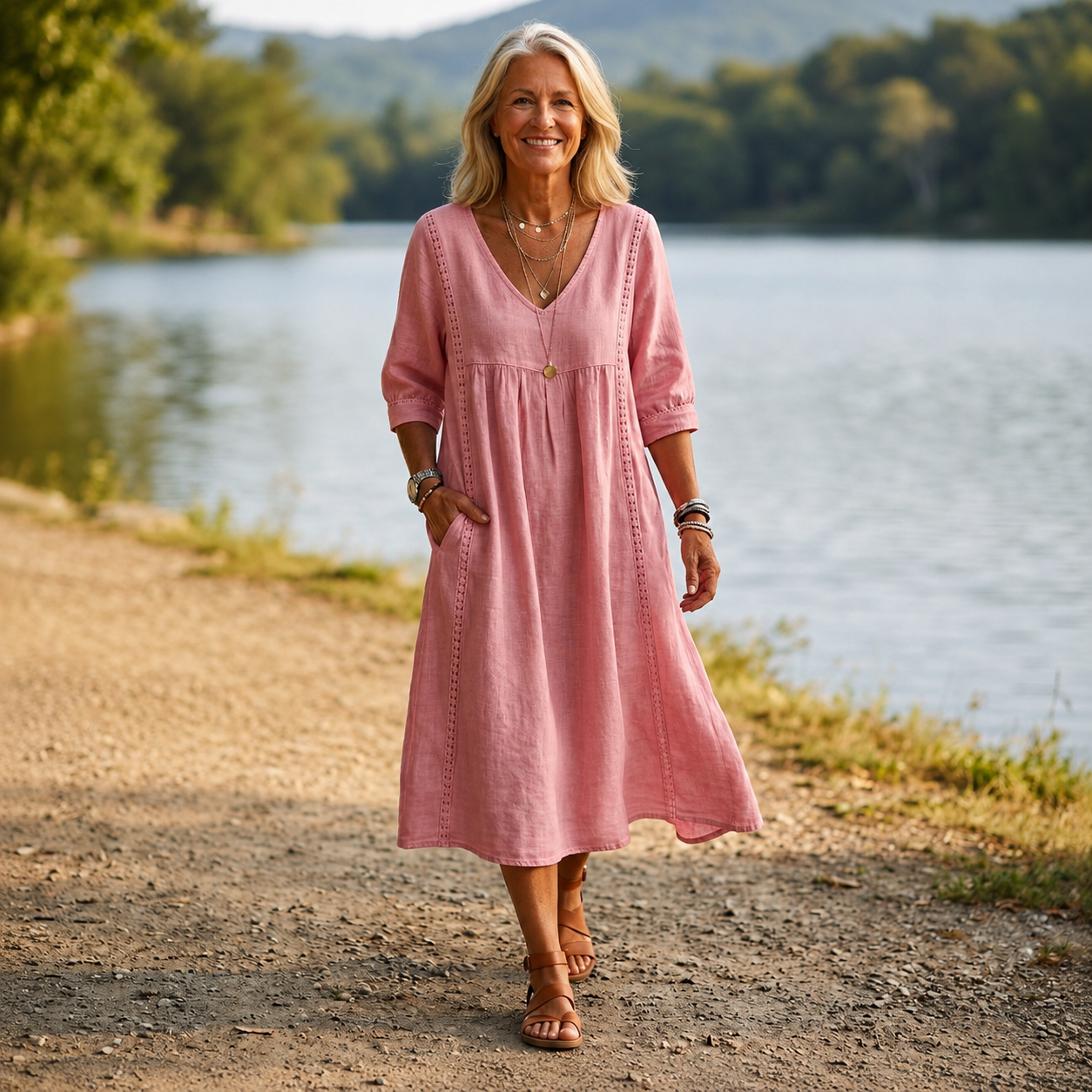 CARMEN | ELEGANT LEIGHTWEIGHT MAXI DRESS WITH RUCHED 3/4 SLEEVES