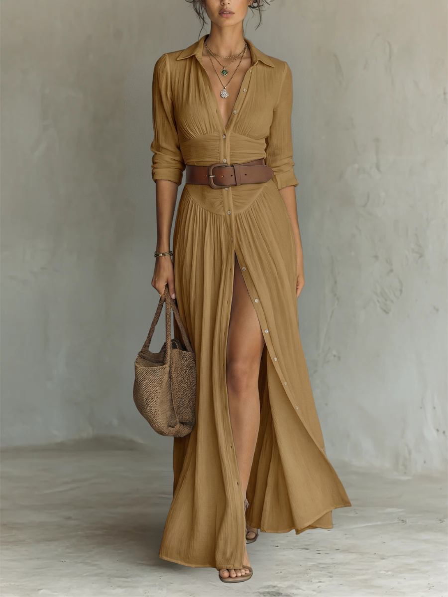 PAMELA | LONG MAXI DRESS WITH NOTCHED COLLAR AND LONG SLEEVES FOR WOMEN