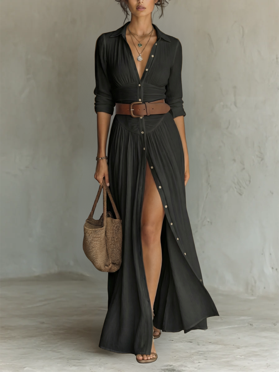 PAMELA | LONG MAXI DRESS WITH NOTCHED COLLAR AND LONG SLEEVES FOR WOMEN