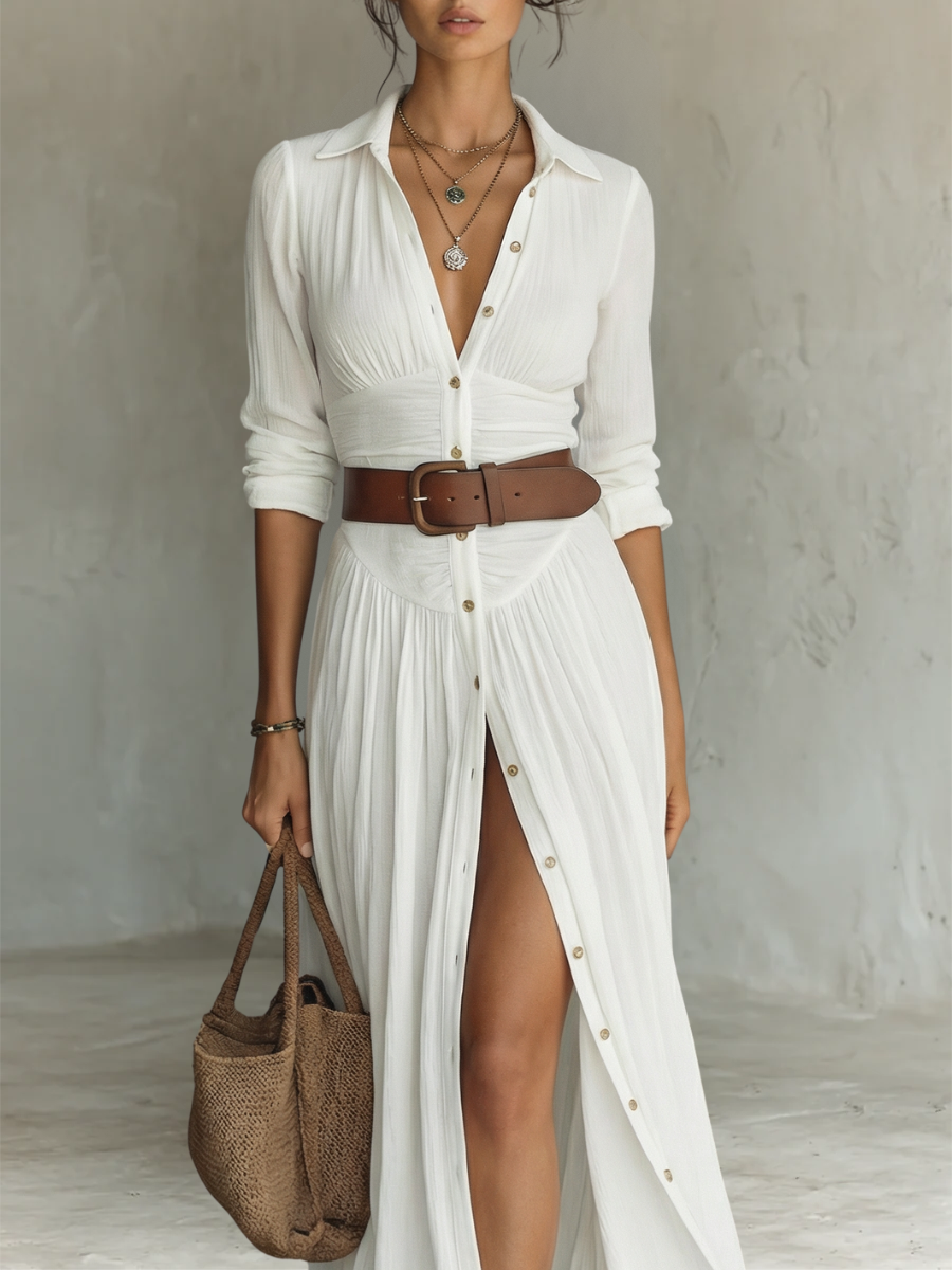 PAMELA | LONG MAXI DRESS WITH NOTCHED COLLAR AND LONG SLEEVES FOR WOMEN