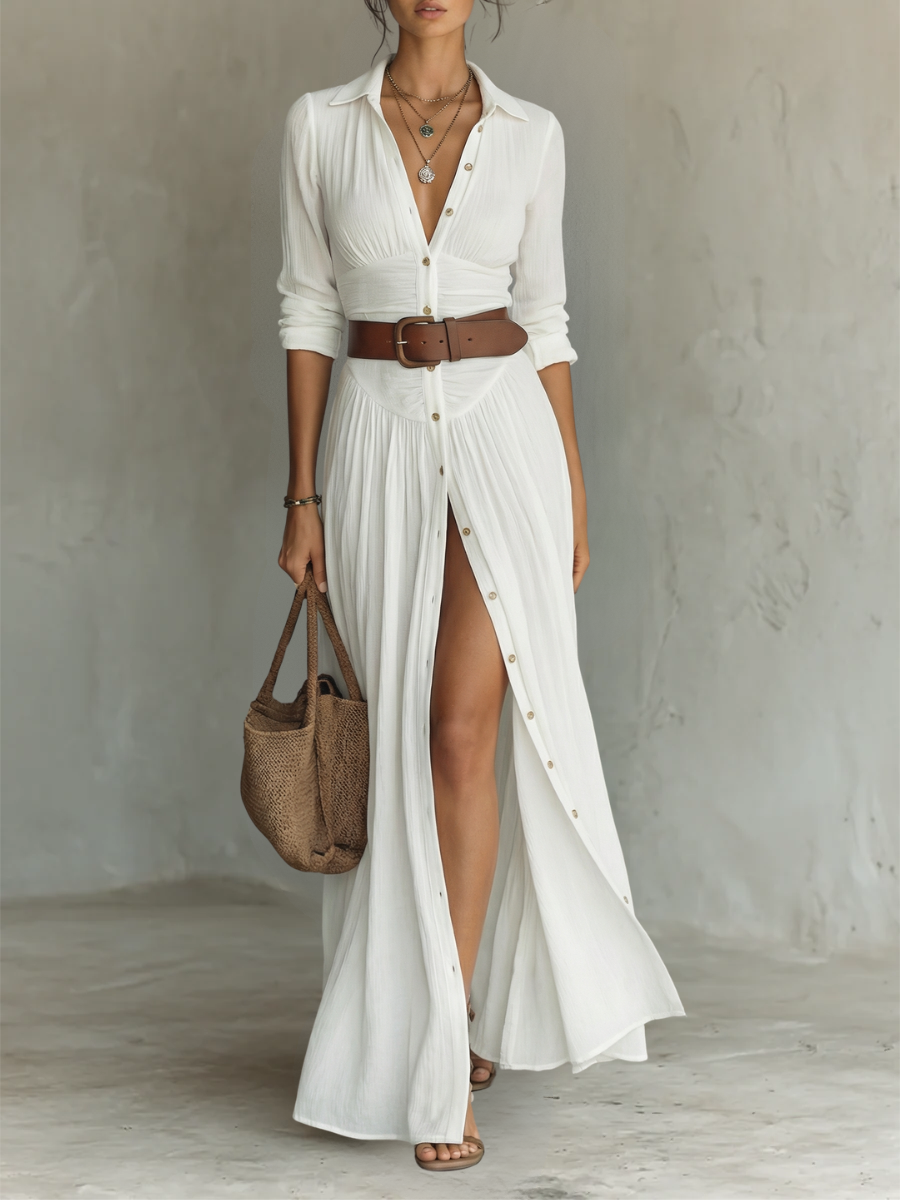 PAMELA | LONG MAXI DRESS WITH NOTCHED COLLAR AND LONG SLEEVES FOR WOMEN