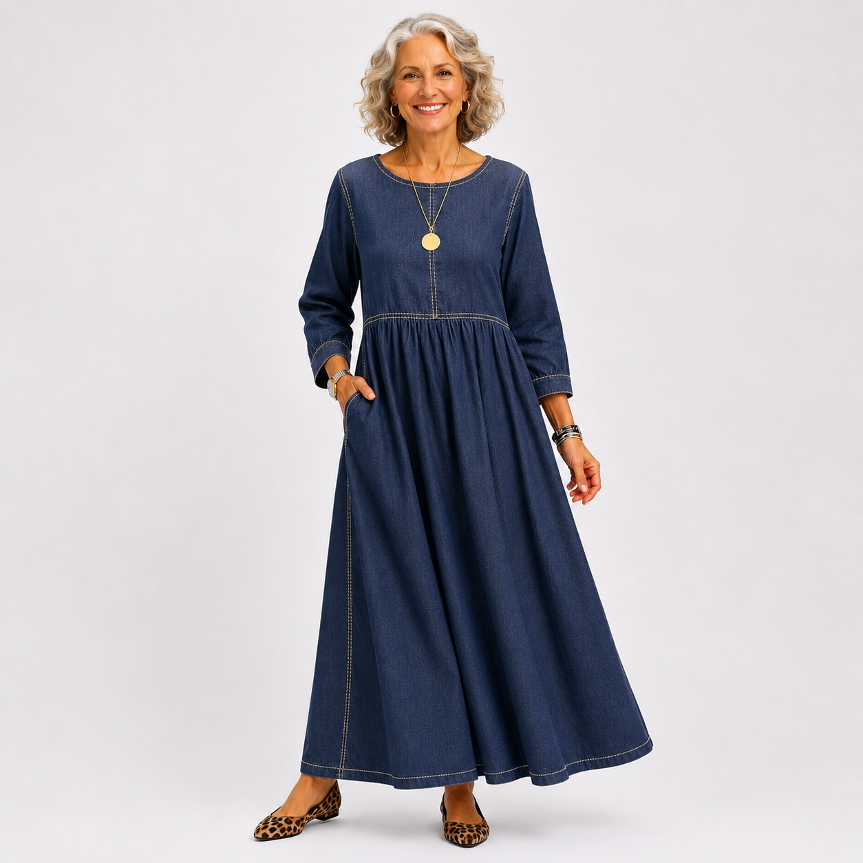 CECE | ELEGANT ROUND NECK LONG SLEEVE DENIM DRESS
