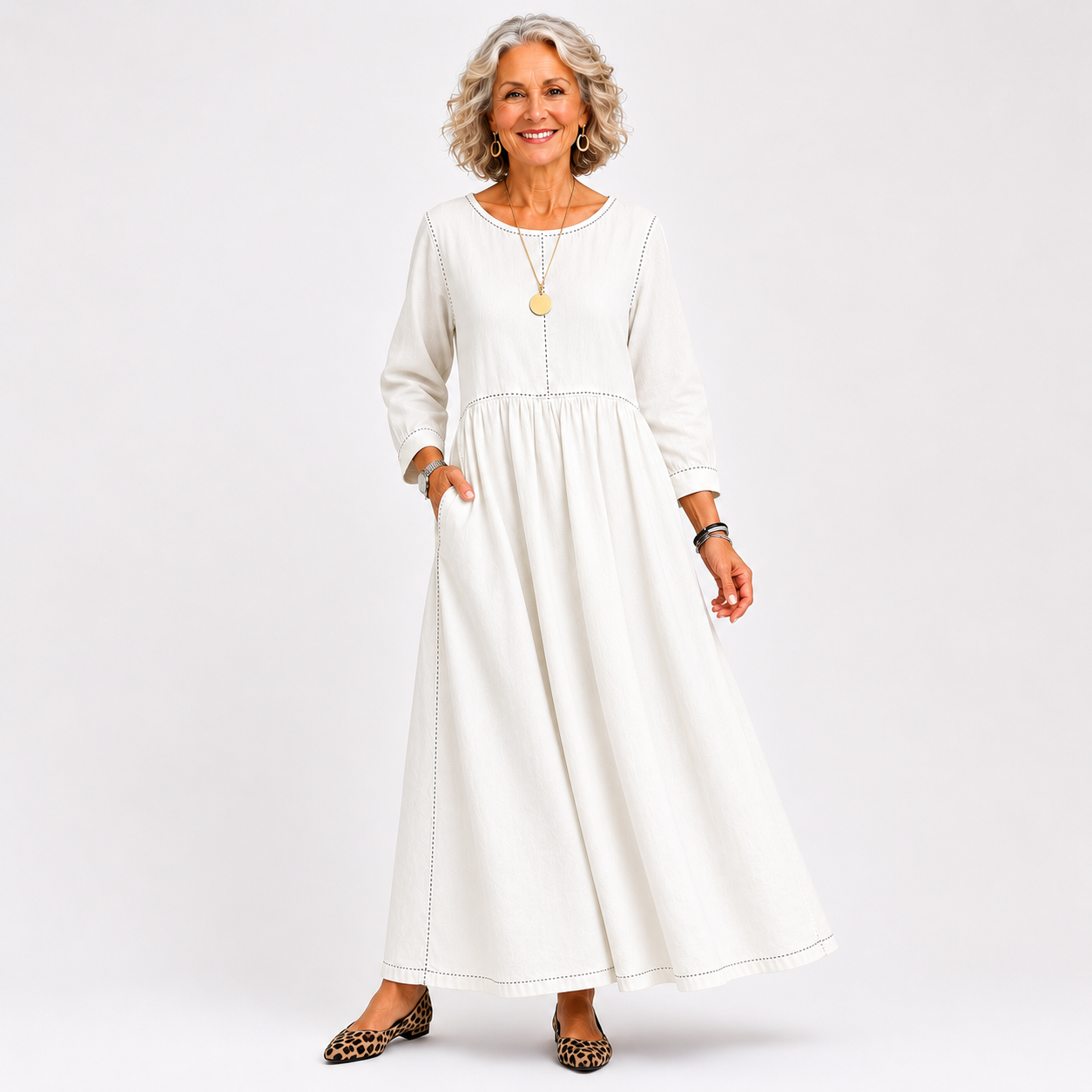 CECE | ELEGANT ROUND NECK LONG SLEEVE DENIM DRESS