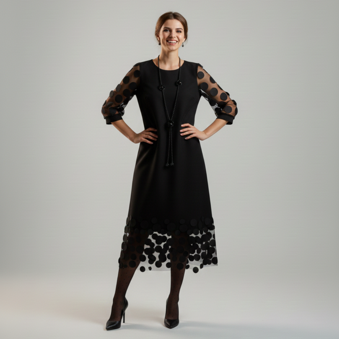 Beatrice - Fluid Black Dress with Polka Dot Tulle Details