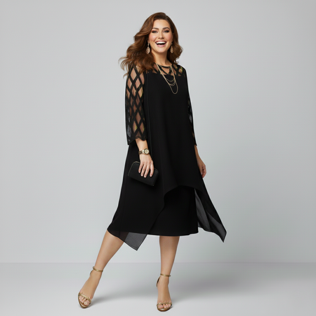 Camilla - Asymmetric Black Dress with Transparent Sleeves