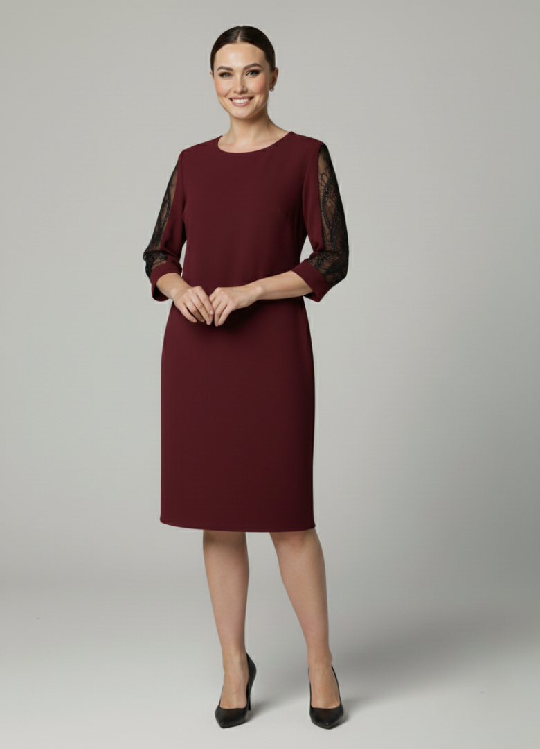 Valentina - Classic Black Dress with Sheer Embroidered Sleeves