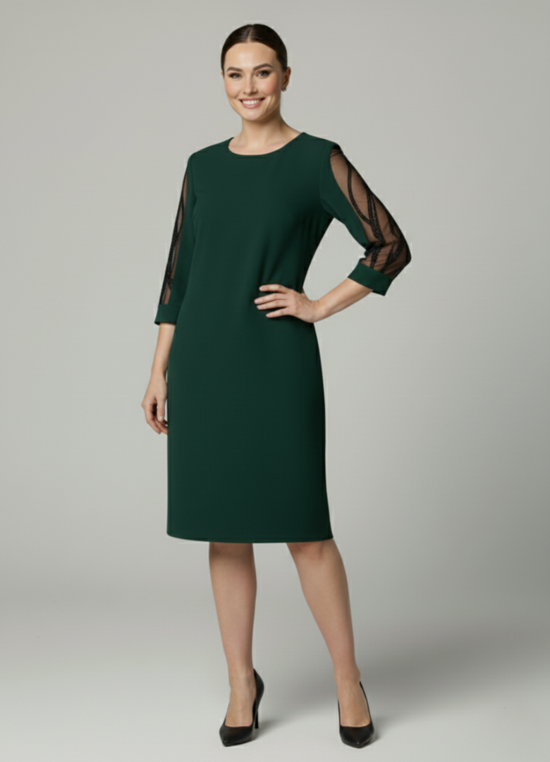 Valentina - Classic Black Dress with Sheer Embroidered Sleeves