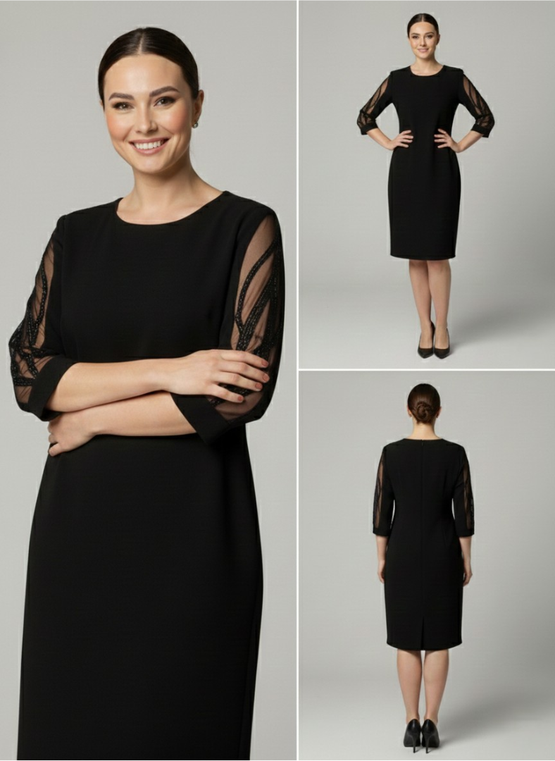 Valentina - Classic Black Dress with Sheer Embroidered Sleeves