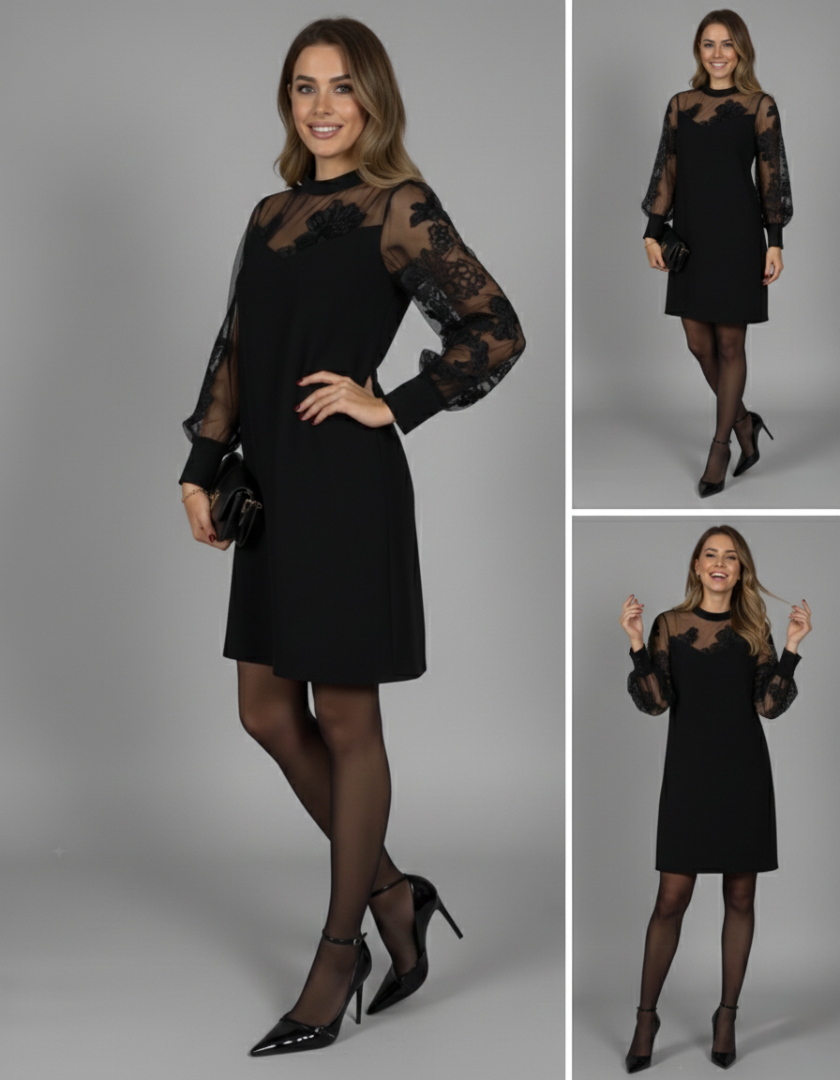 Caterina - Elegant Black Dress with Tulle Sleeves