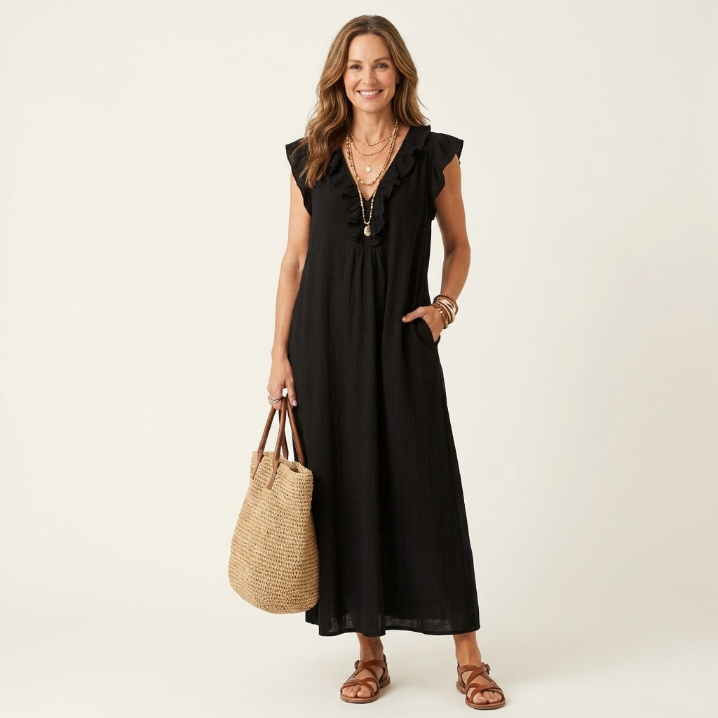 JOSETTE | RUFFLE V-NECK LINEN MAXI DRESS