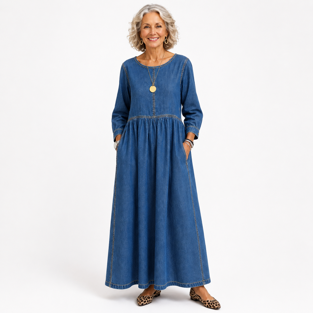 CECE | ELEGANT ROUND NECK LONG SLEEVE DENIM DRESS