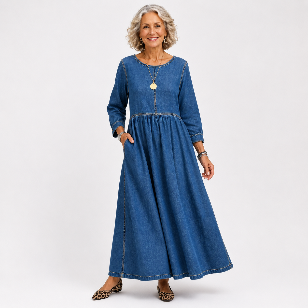 CECE | ELEGANT ROUND NECK LONG SLEEVE DENIM DRESS